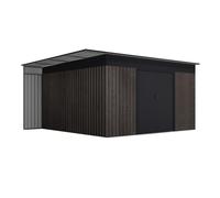 Wasabi Abri de jardin extérieur 13,22 m² Robin t1 - Effet bois Premium - Porte-bûches latéral - Double porte coulissante - Grilles de ventilation - Toit plat - Abri métallique de rangement - 397 x 333
