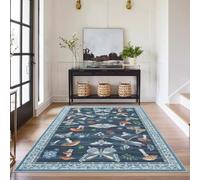 Washable Runner Rug 5.2x7.5, Whimsical Mushroom Insect Non-Slip Kitchen Runner, Vintage Bedroom Bedside Mat, Low-Pile Soft Entryway Laundry Rug, Blue