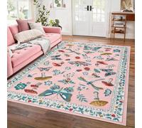 Washable Runner Rug 5.2x7.5, Whimsical Mushroom Insect Non-Slip Kitchen Runner, Vintage Bedroom Bedside Mat, Low-Pile Soft Entryway Laundry Rug, Dark Pink