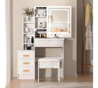 Washranp Coiffeuse, Bureau avec Miroir Coulissant et lumières, Petite Table de Maquillage avec tiroirs et étagères, Espace de Rangement caché et Tabouret pour Chambre à Coucher Blanc
