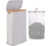 Wasmand 60 l - Wasmand étroit avec sac intérieur amovible et lavable - Système de rangement Wasmand pliable avec poignée en bambou et couvercle (gris clair)