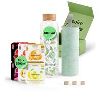 waterdrop® Coffret Dégustation Verre - Bouteille en Verre 600ml + 18 Cubes à Boire en 6 Saveurs, Boisson en Cube avec Vitamine C & Vitamine B, Sans Sucre, Gourde d'Eau, Coffret Cadeau Femme & Homme