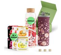 waterdrop® Coffret Dégustation Verre - Bouteille en Verre 600ml + 18 Cubes à Boire en 6 Saveurs, Boisson en Cube avec Vitamine C & Vitamine B, Sans Sucre, Gourde d'Eau, Coffret Cadeau Femme & Homme