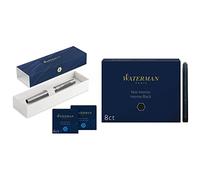 Waterman Allure stylo plume | Chromé | Plume fine | avec 12 cartouches d'encre bleues courtes & cartouches d’encre pour stylo plume | format long « standard » | Noir Intense | boîte de 8
