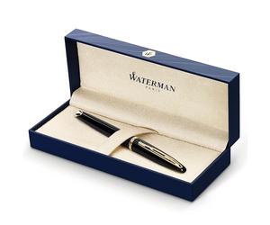 Waterman Carène Black Sea stylo plume | noir ultra-brillant avec clip doré à l’or 23 k | plume fine | cartouche d'encre bleue | coffret cadeau