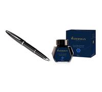 Waterman Carène Black Sea Stylo Plume, Noir Ultra-Brillant avec Finitions Plaquées Palladium, Plume Moyenne & Encre pour stylo plume | flacon d'encre Bleu Sérénité | bouteille de 50 ml
