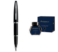 Waterman Carène Black Sea Stylo Plume, Noir Ultra-Brillant avec Finitions Plaquées Palladium, Plume Moyenne, Cartouche d'Encre Bleue, Coffret Cadeau & Flacon d'Encre Noir