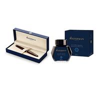 Waterman Carène Marine Amber Stylo Plume, Brun et Noir Brillants avec Clip Doré à l’or 23 k, Plume Moyenne & encre pour stylo plume | flacon d'encre Bleu Mystère | bouteille de 50 ml