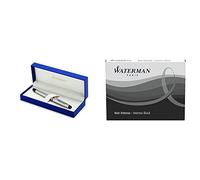 Waterman Expert Acier Satiné Attributs Chromés Stylo Plume Pointe Moyenne - dans son Écrin + Waterman Cartouche Standard Longue pour Stylo-Plume Encre Noire Intense - Etui de 15 Bundle
