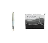 Waterman Expert Acier Satiné Attributs Dorés Stylo Plume Pointe Moyenne - dans son Écrin + Waterman Cartouche Standard Longue pour Stylo-Plume Encre Noire Intense - Etui de 13 Bundle
