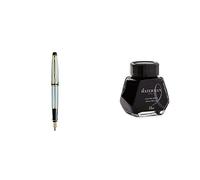 Waterman Expert Acier Satiné Attributs Dorés Stylo Plume Pointe Moyenne - dans son Écrin + Waterman Encre pour Stylo Plume Noire Intense - Flacon de 50 ml Bundle