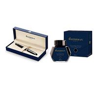 Waterman Expert Laque Noir Attributs Chromés Stylo Plume Pointe Moyenne - dans son Écrin + Waterman Encre pour Stylo Plume Noire Intense - Flacon de 50 ml Bundle