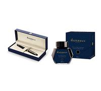 Waterman Expert Laque Noire Attributs Dorés Stylo Plume Pointe Moyenne - dans son Écrin + Waterman Encre pour Stylo Plume Noire Intense - Flacon de 50 ml Bundle
