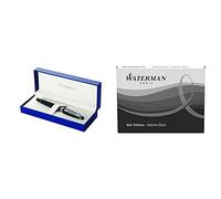 Waterman Expert Noir Mat Attributs Chromés Stylo Plume Pointe Moyenne - dans son Écrin + Waterman Cartouche Standard Longue pour Stylo-Plume Encre Noire Intense - Etui de 21 Bundle