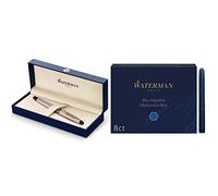 Waterman Expert stylo plume | acier inoxydable avec attributs dorés à l'or fin 23 k | plume fine | coffret cadeau & cartouches d’encre pour stylo plume | couleur Bleu Mystère | boîte de 8
