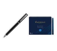Waterman Graduate Allure Stylo-plume, Laque Noir Mate, encre bleue, emballé Sous Blister & cartouches d’encre pour stylo plume | format long « standard » | couleur Bleu Sérénité | boîte de 8