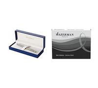 Waterman Hémisphère Acier Attributs Chromés Stylo Plume Pointe Fine - Dans son écrin + Waterman Cartouche Standard Longue pour Stylo-Plume Encre Noire Intense - Etui de 30 Bundle