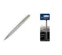 Waterman Hémisphère Acier Attributs Dorés Stylo Bille Pointe Moyenne - Dans son écrin + Waterman Recharge Stylo Bille, Pointe Moyenne, Encre Noire (S0944480) Bundle