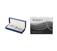 Waterman Hémisphère Acier Attributs Dorés Stylo Plume Pointe Fine - Dans son écrin + Waterman Cartouche Standard Longue pour Stylo-Plume Encre Noire Intense - Etui de 28 Bundle