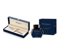Waterman Hémisphère Acier Attributs Dorés Stylo Plume Pointe Fine - Dans son écrin + Waterman Encre pour Stylo Plume Noire Intense - Flacon de 50 ml Bundle