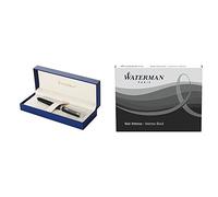 Waterman Hémisphère Mat Noir Attributs Chromés Stylo Plume Pointe Fine - Dans son écrin + Waterman Cartouche Standard Longue pour Stylo-Plume Encre Noire Intense - Etui de 26 Bundle