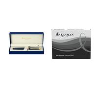 Waterman Hémisphère Mat Noir Attributs Dorés Stylo Plume Pointe Fine - Dans son écrin + Waterman Cartouche Standard Longue pour Stylo-Plume Encre Noire Intense - Etui de 24 Bundle