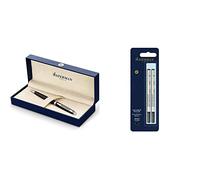 Waterman Hémisphère stylo bille luxe | noir mat avec attributs chromés | pointe moyenne | encre bleue | coffret cadeau & recharge d’encre pour stylo roller | pointe fine | encre noire | 2 recharges