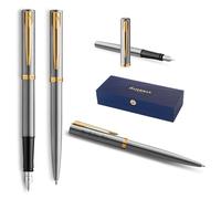 Waterman Impression Ensemble stylo à bille et stylo-plume, avec gravure - Personnalisable - Ensemble d'écriture élégant pour hommes et femmes - Encre bleue (acier inoxydable GT)