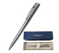 WATERMAN Regalo Grabado Stylo Bille Acier Personnalisé Laser Encre Bleue | Stylo Waterman Acier, Gravure laser sur clip, Corps en métal, Encre bleue 0,30mm, Écrin officiel Waterman