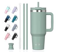 Watersy Bouteille Isotherme Inoxydable 1,2 L avec 2 Pailles, Gobelet à Café anti-Fuite, Isotherme Sous vide avec Couvercle à vis sans BPA, Gourde Rafraîchissante Pendant 12 Heures, Vert Rétro