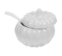 WATIIFUFU Bol en Céramique de Citrouille Blanc avec Couvercle et Cuillère, Bol à Soupe de 350ml Lisse, pour Décoration de Festival et Usage Quotidien