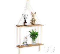 WATUNID Étagère murale en macramé avec corde, 2 niveaux faite à la main, étagère flottante en bois avec 2 crochets, étagère murale chic pour salon, salle de bain, chambre à coucher, présentoir à