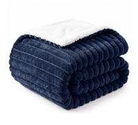 WAVVE Plaid Polaire Couverture 230x270 cm Bleu Marine | Double-Face Flanelle Côtelée et Sherpa, Épais, Douce et Chaude, Moelleux pour Canapé et Lit