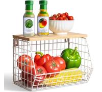 Wawocs Corbeille à Fruits Etagè pour Cuisine, Empilable Panier Fruits Murale Panier a Fruit en fil Métallique avec Couvercle en Bois avec 2 Crochets pour Range Rangement Fruits et Légumes, Blanc