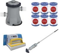WAYS - Entretien de piscine - Aspirateur de piscine & pompe de filtration 1249 L/h & 6 filtres type I & brosse à récurer WAYS