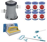 WAYS - Entretien de piscine - Kit d'entretien Deluxe & pompe de filtration 1249 L/h & 6 filtres type I & brosse à récurer WAYS