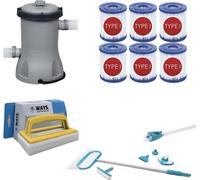 WAYS - Entretien de piscine - Kit d'entretien Deluxe & pompe de filtration 2006 L/h & 6 filtres type II & brosse à récurer WAYS