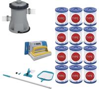 WAYS - Entretien de piscine - Kit d'entretien & pompe de filtration 1249 L/h & 12 filtres type I & brosse à récurer WAYS
