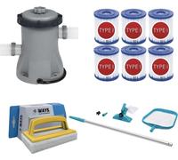 WAYS - Entretien de piscine - Kit d'entretien & pompe de filtration 1249 L/h & 6 filtres type I & brosse à récurer WAYS