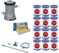 WAYS - Entretien de piscine - Kit d'entretien & pompe de filtration 2006 L/h & 12 filtres type II & brosse à récurer WAYS