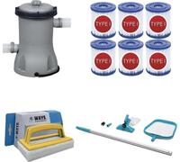 WAYS - Entretien de piscine - Kit d'entretien & pompe de filtration 2006 L/h & 6 filtres type II & brosse à récurer WAYS