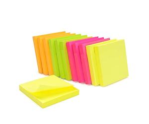WAYTEX 1200 Notes Autocollantes Repositionnables Couleurs néon assorties 12 Blocs de 100 Feuilles 75 x 75 mm - Jaune Orange Rose Vert
