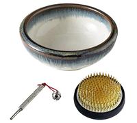 Wazakura Ensemble d'Outils Ikebana et Composition Florale Fabriqué au Japon pour Débutants, Vase à Fleurs en Céramique Minoyaki Blanc et Bleu, Pique Fleurs 61 mm, Accessoire Nettoyant