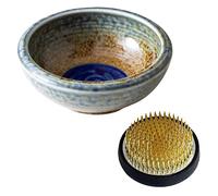 Wazakura Minoyaki Series Kit d'outils Essentiels Japonais Ikebana - Petit Vase Rond en céramique et Grenouille Kenzan pour Arrangement Floral (Vase Marron et Bleu + Kenzan en Laiton)