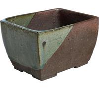 Wazakura Pot rectangulaire en céramique émaillée pour bonsaï avec trous de drainage - 135 mm - Fabriqué au Japon - Petite plante de jardin Pot de fleurs décoratif - Marron & Vert