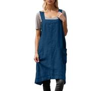 WAZHAKU Tablier de chef en coton - Tablier de cuisine carré - En coton et lin - Avec poche - Robe midi - Coupe ample - Couleur unie - Robe à bretelles - Tablier de cuisine pour femme, R bleu foncé, XL