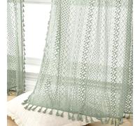 WAZZIO Lot de 2 Rideaux Verts clairs de 213 cm de Long avec Passe-Tringle en Dentelle au Crochet - Rideaux Transparents en Coton avec Passe-Tringle pour Salon, Chambre à Coucher