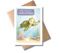 WBdesignz Carte d'anniversaire mignonne du monde sous-marin pour enfants avec enveloppe - Tortue mignonne animaux marins - Carte d'anniversaire adorable pour filles garçons amoureux des animaux (DIN