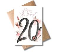 WBdesignz Carte d'anniversaire pour 20e anniversaire « Happy Birthday » avec enveloppe - Carte de vœux élégante avec motif maquillage et cosmétiques - Pour amies et femmes pour le vingtième