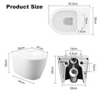WC suspendu - Céramique en forme de D - Sans rebord, double chasse d'eau 3–6 l, Siphonjet, raccord en P, abattant à fermeture douce - Couvercle standard, grand format